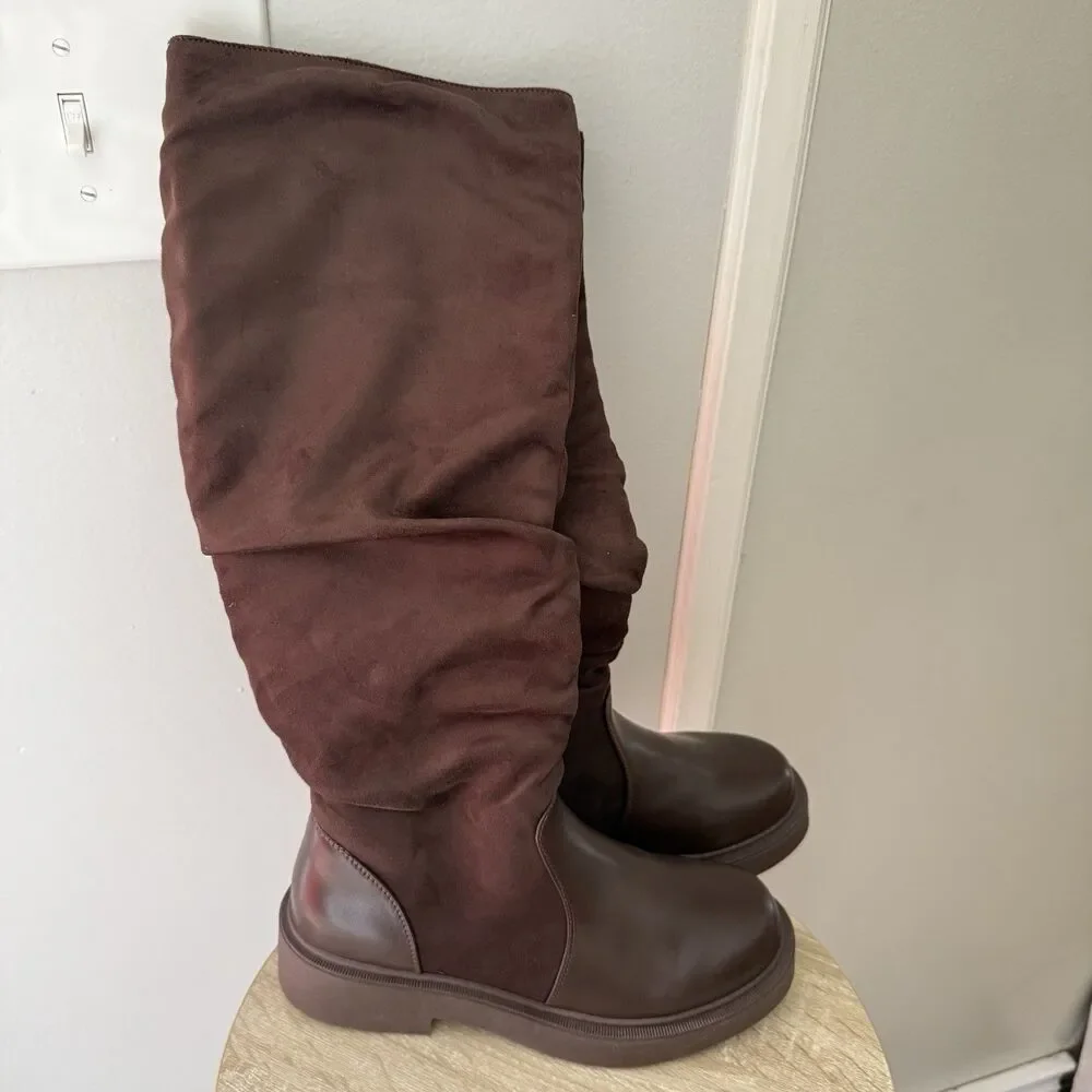 Women's Fashion Thick Heel Riding Boots Brown Side Zipper Durable Elegant 7.5